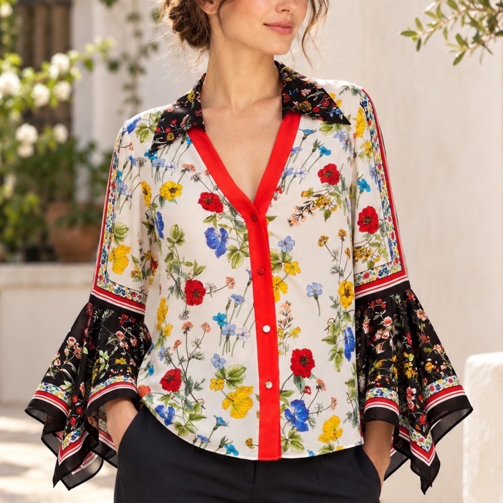 Alice + Olivia Randa Blouse Womens White Floral Trumpet Sleeve CC903P38001